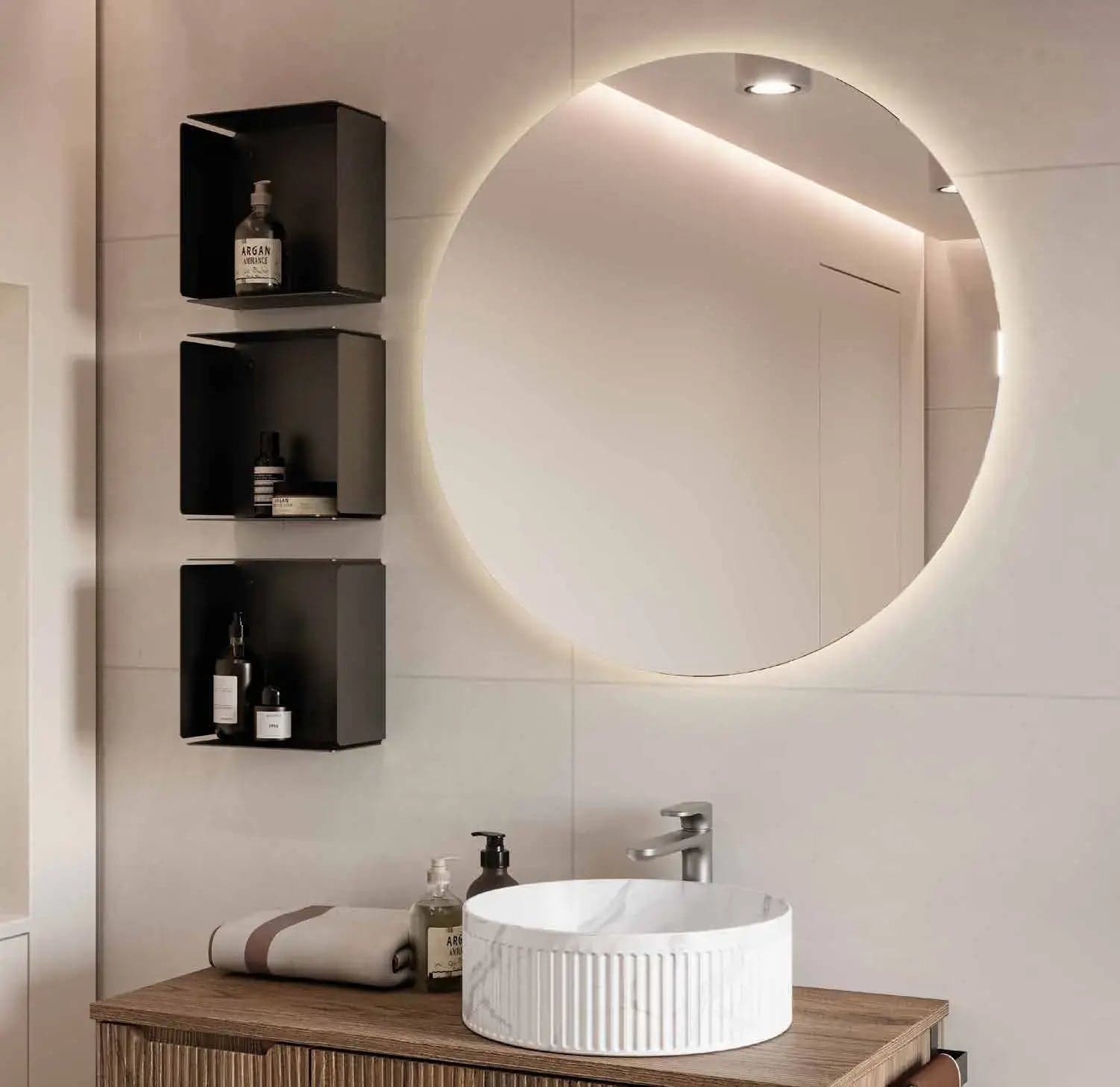 Mobile Bagno Sospeso 90 cm Noce Bruno con Lavabo Effetto Marmo – Verso - 2
