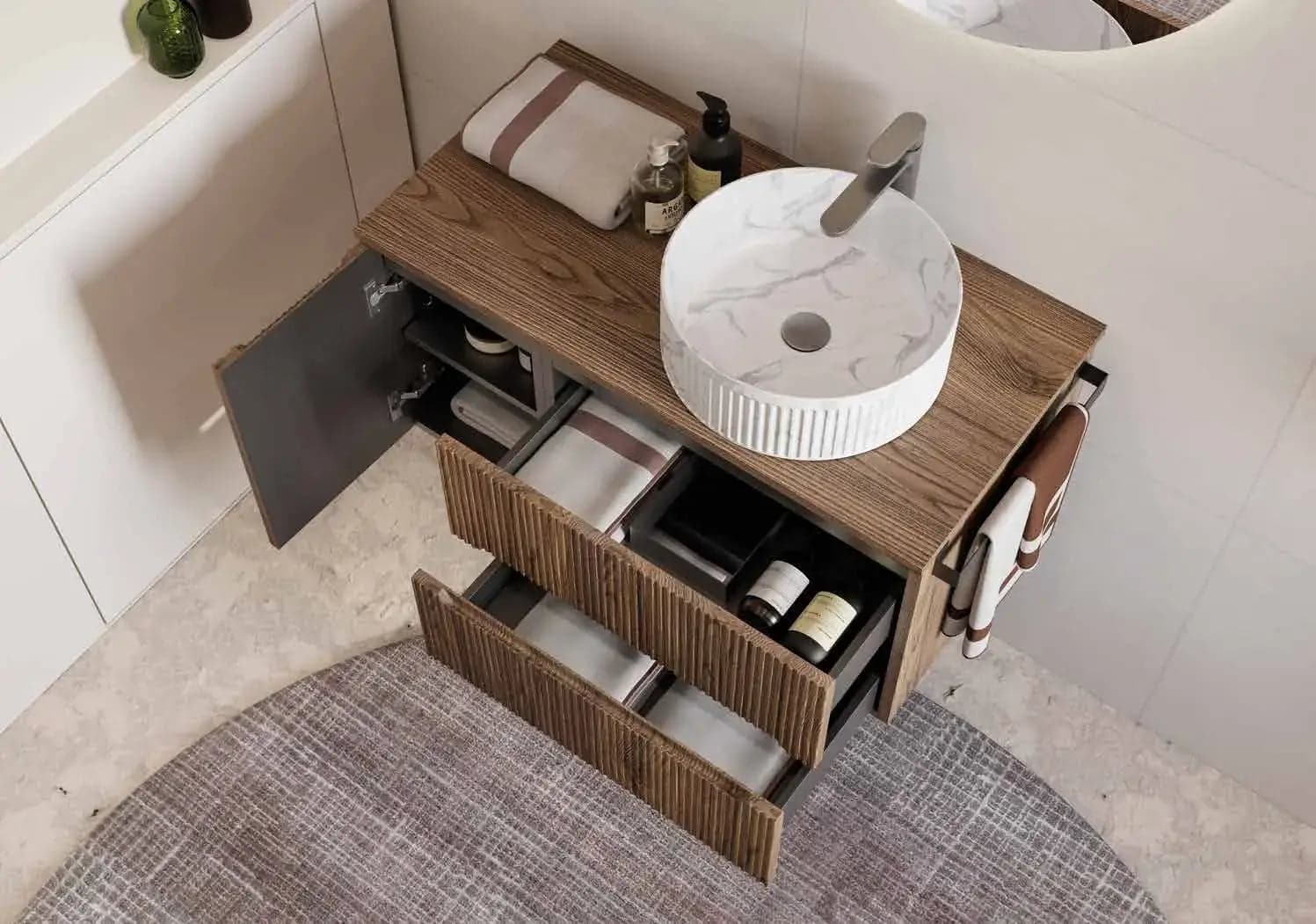 Mobile Bagno Sospeso 90 cm Noce Bruno con Lavabo Effetto Marmo – Verso - 3