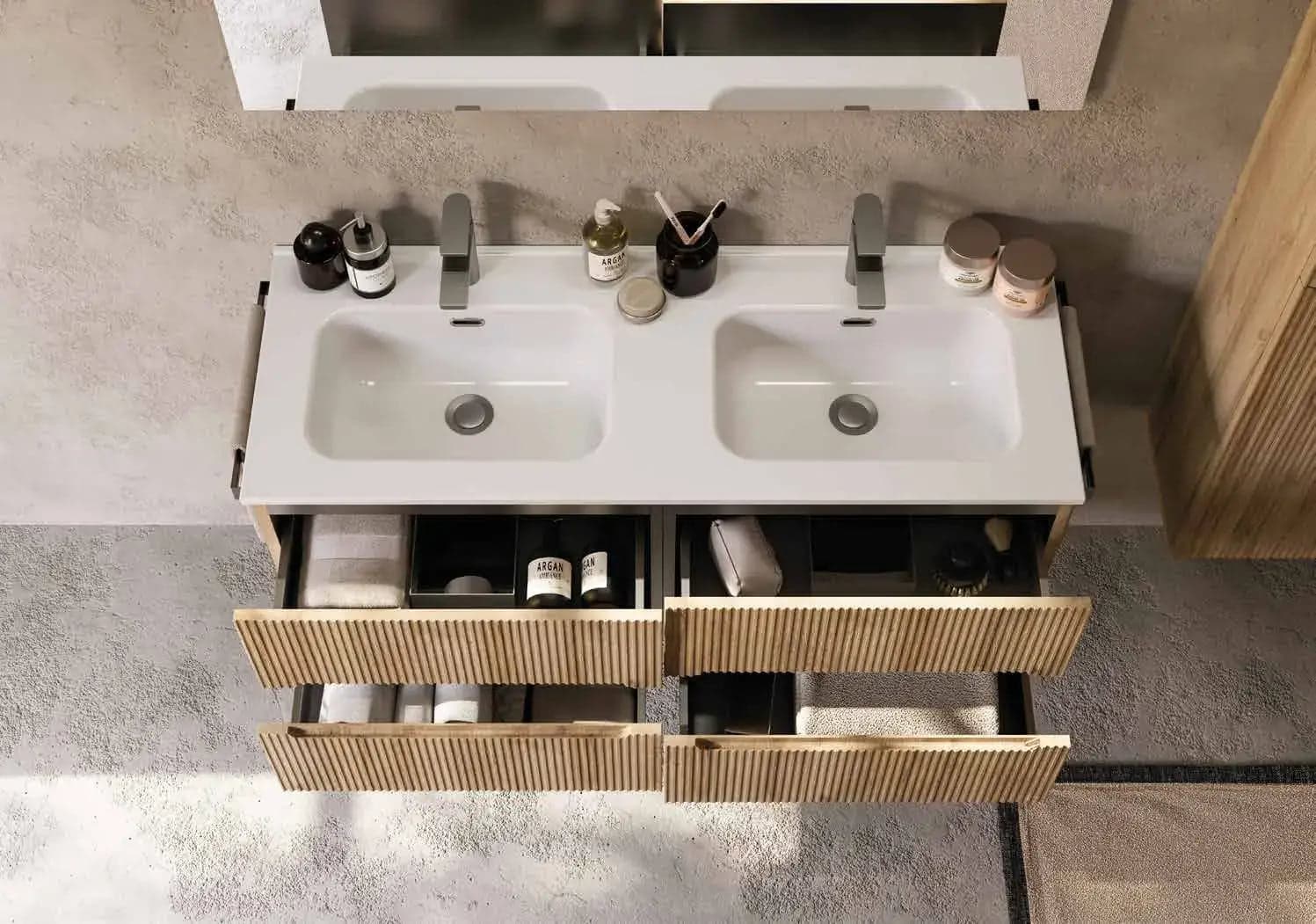 Mobile Bagno Sospeso 120 cm Rovere Chalet Doppio Lavabo con Specchio LED – Verso - 3
