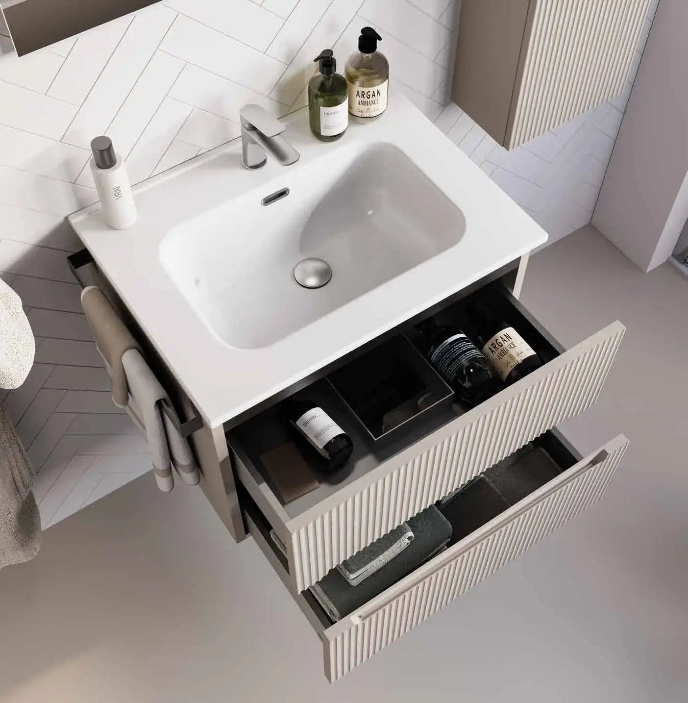 Mobile Bagno Sospeso 60 cm Creta con Lavabo in Ceramica e Specchio – Verso - 4