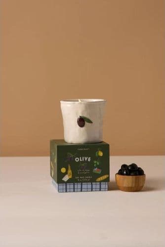 Candela in ceramica Bistro da 226 g (8 oz) con decorazione a rilievo a forma di oliva - Fico e oliva, confezionata in scatola. - 3