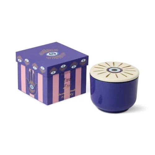 Candela Charmed da 226 g in vetro blu con occhio di Allah in ceramica - Incenso e fumo - 2