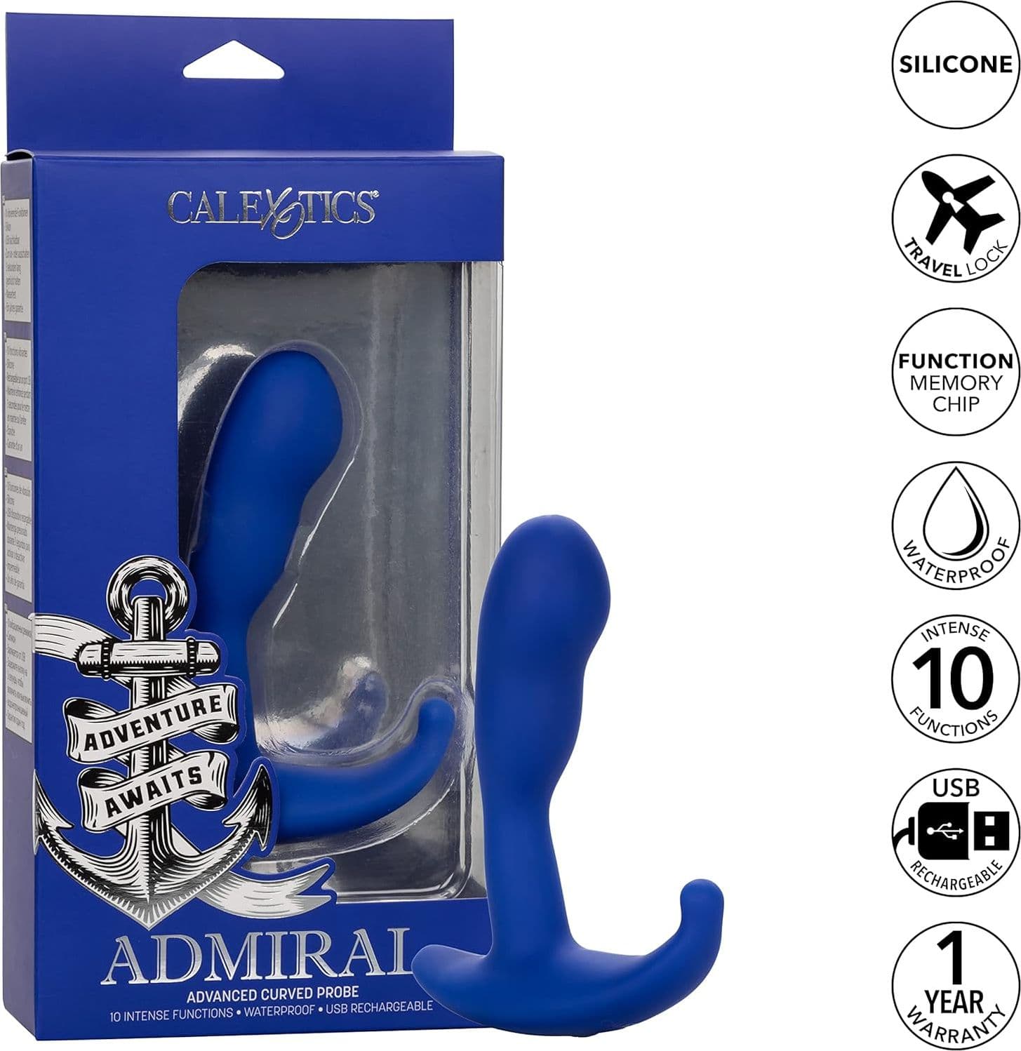 Plug Anale Admiral Large sonda curva ergonomica vibrazioni 10 x USB 10 cm