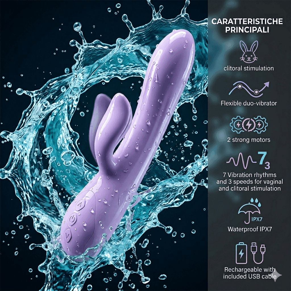 Vibratore Rabbit Purple Rain DUO 2 motori stimolatore clitorideo 7+ 3 modalità 22,8 cm