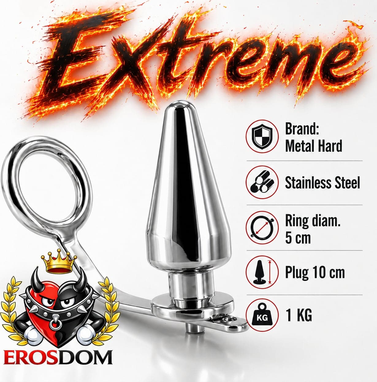 Cock ring Anello pene 50 mm con plug anale XXL in acciaio pesante 1 kg BDSM
