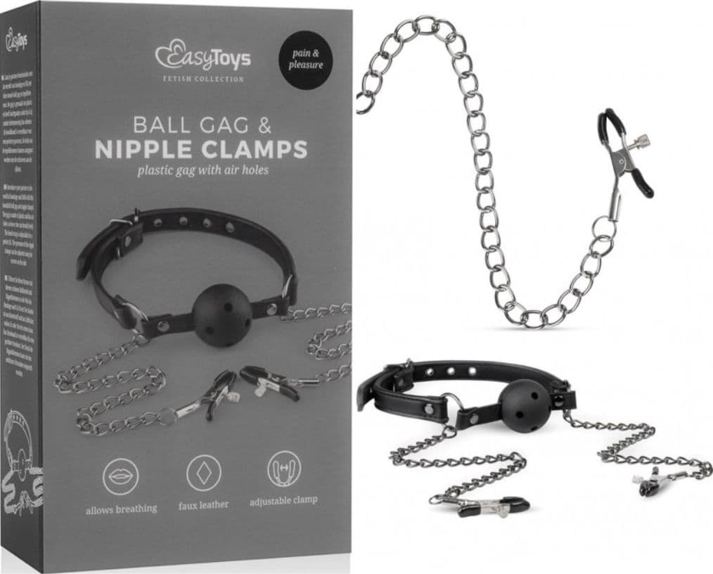 Pinzette per capezzoli con catene al morso bavaglio ball gag nero Easy Toys