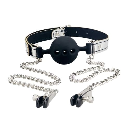 Pinzette per capezzoli con catene al morso bavaglio con gag nero e argento