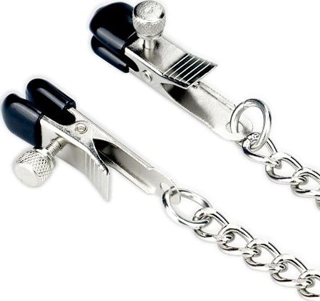 Pinzette per capezzoli con catene al morso bavaglio con gag nero e argento in prodotto Erosdom - Palmi, commercioVirtuoso.it