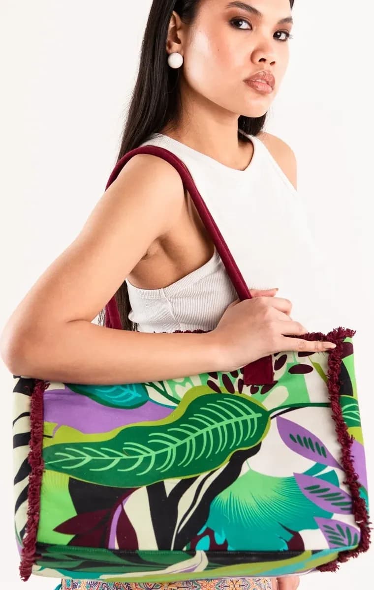 Borsa mare in cotone stampa a foglie | MYA ACCESSORIES