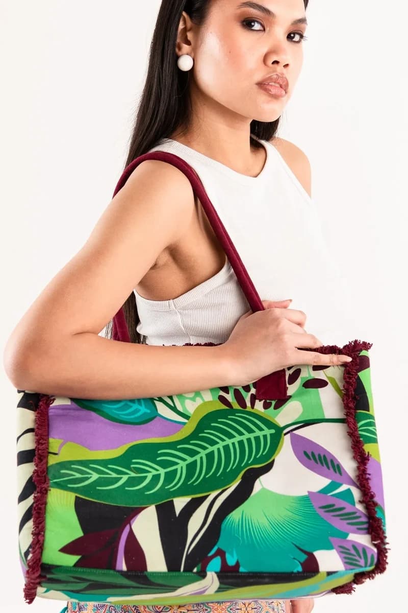 Borsa mare in cotone stampa a foglie | MYA ACCESSORIES - 3