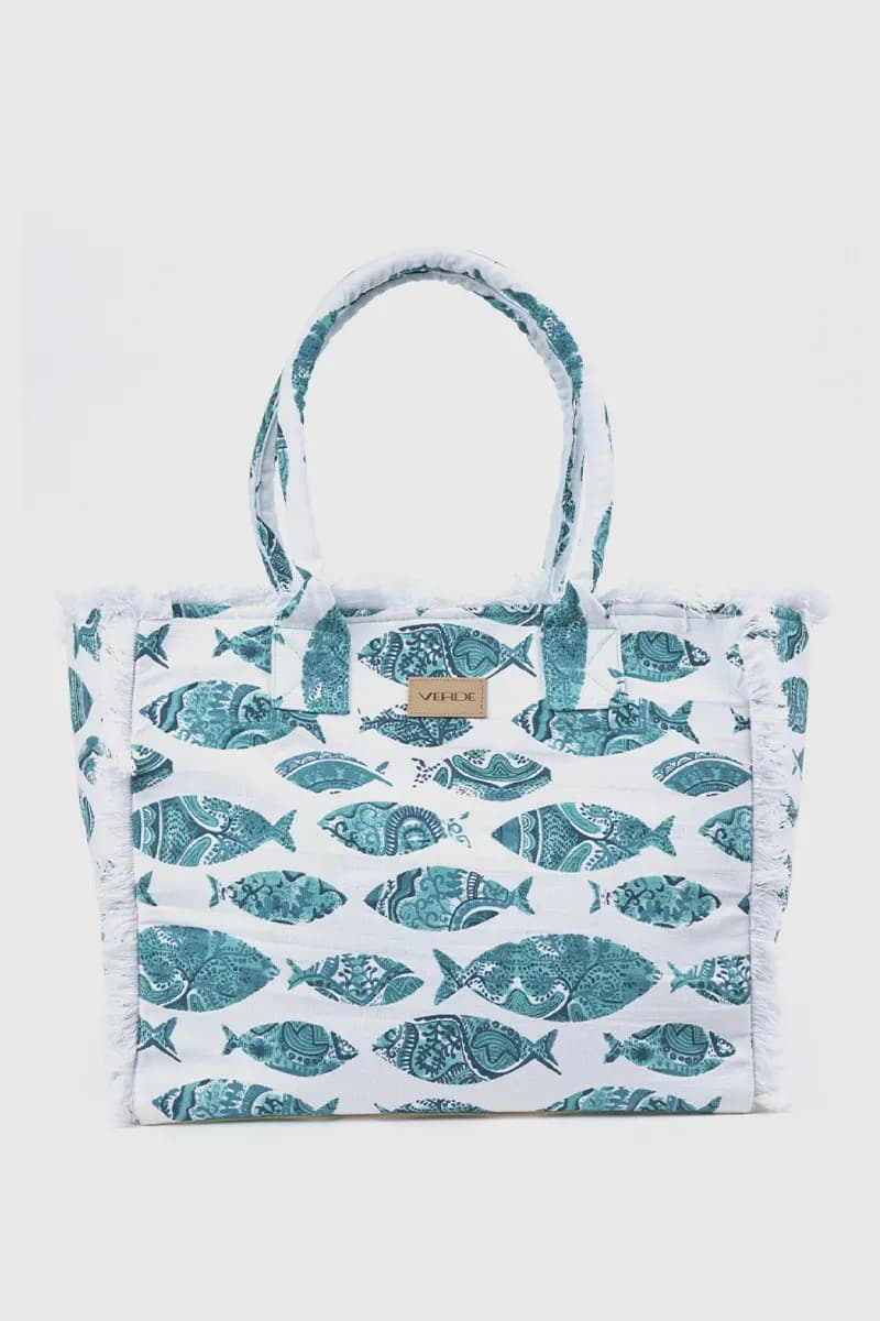 Borsa mare in cotone stampa pesci | Verde Fashion - 5