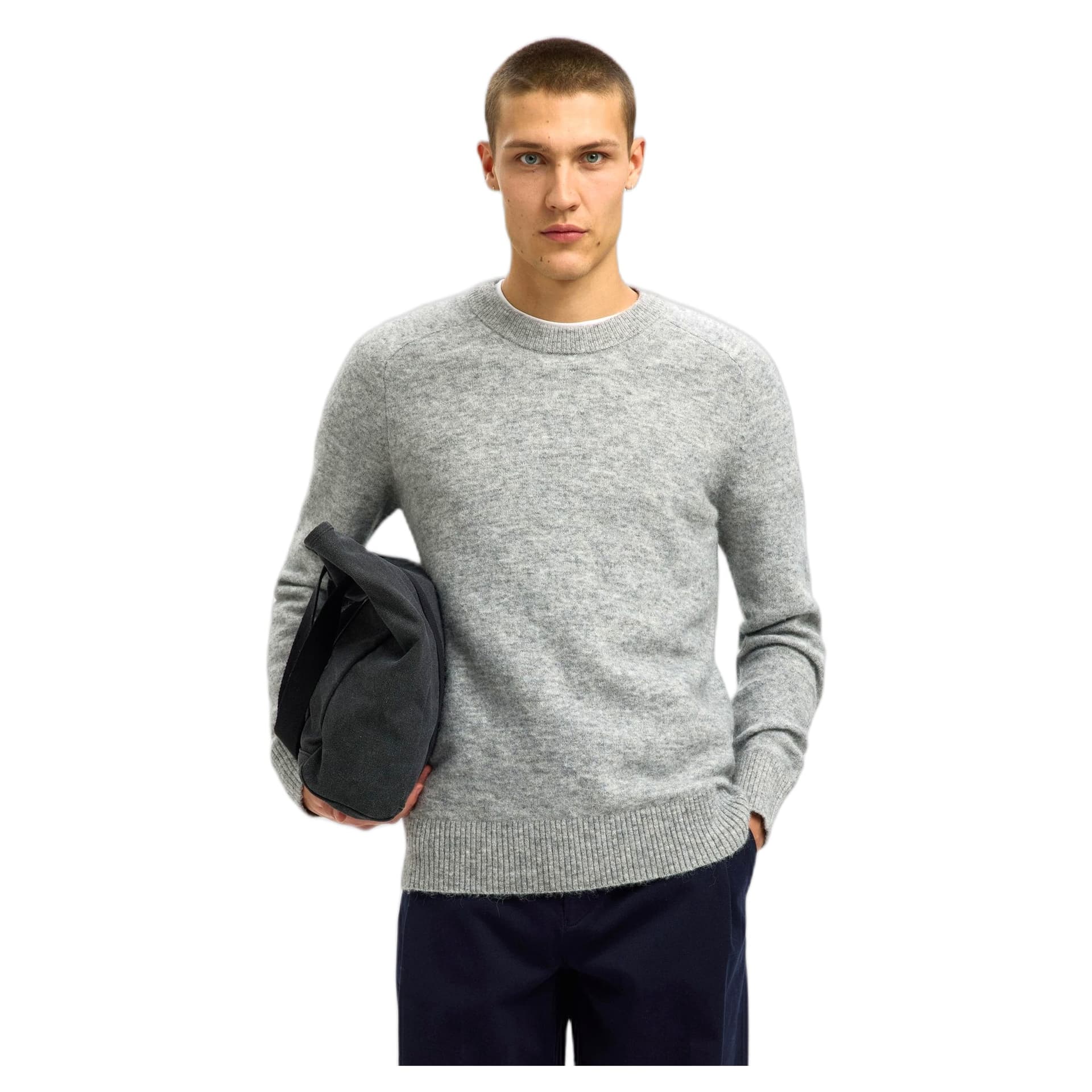 SELECTED HOMME maglione selected homme rai ls knit crew neck - grey melange - 5