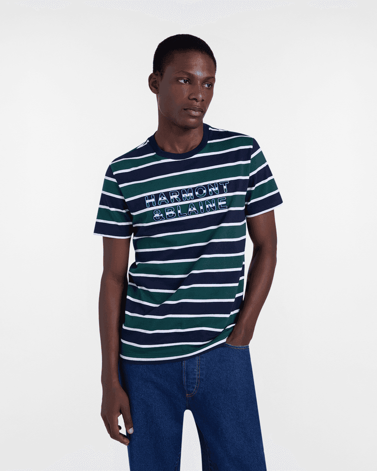 Harmont&amp;blaine t-shirt con righe e ricamo logo uomo blu navy - 5