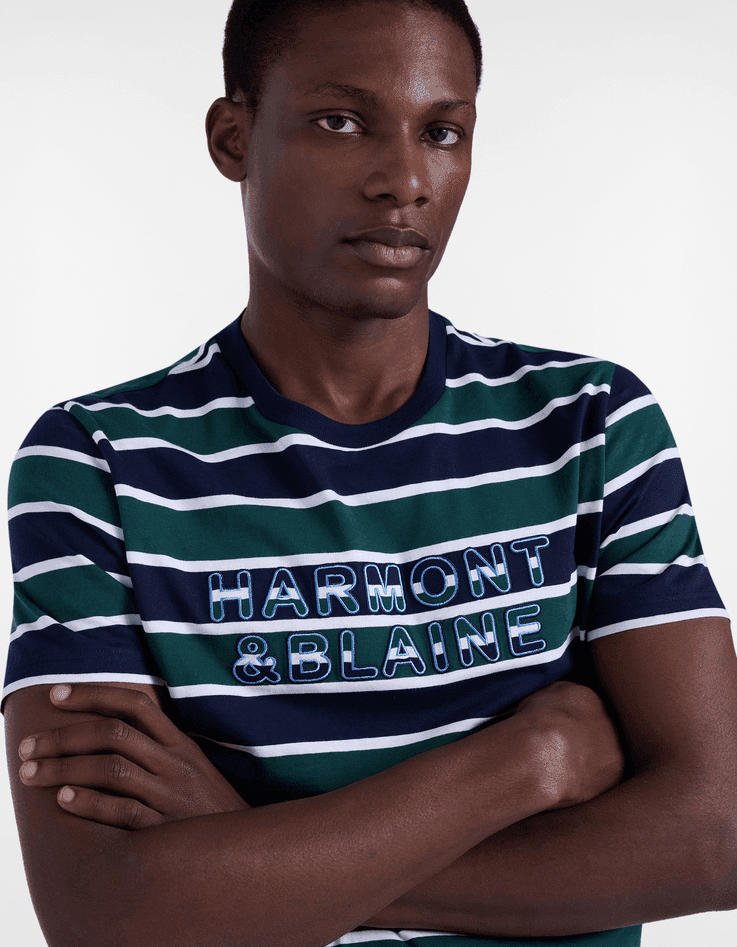 Harmont&amp;blaine t-shirt con righe e ricamo logo uomo blu navy - 2