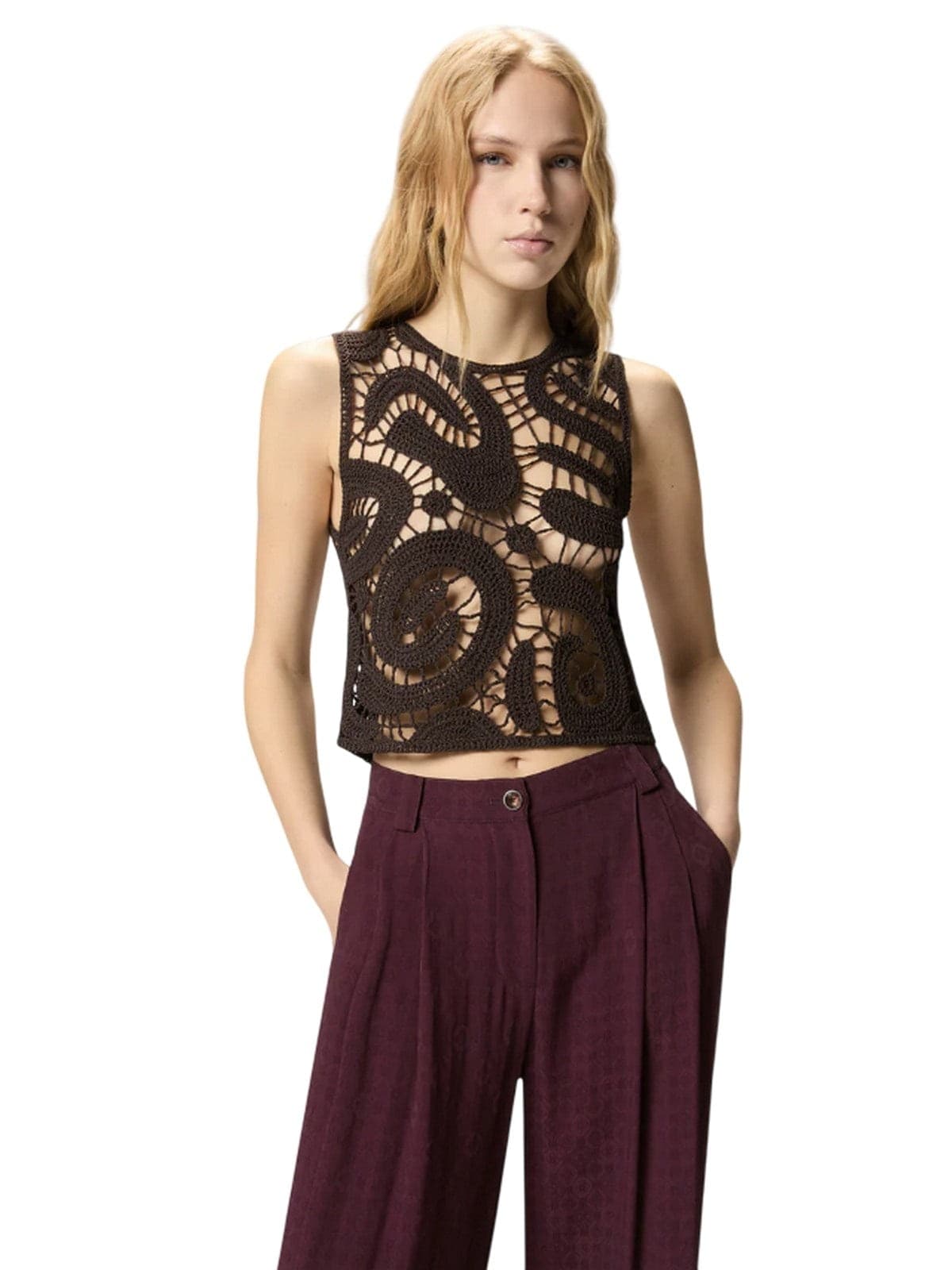 Pinko canotte e top donna pinko - eruzione top crochet - marrone - 2