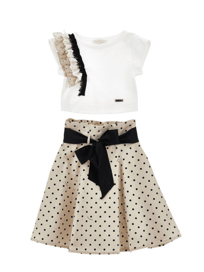 MONNALISA completo coordinato topo e gonna con stampa a pois bambina beige e nero - 7