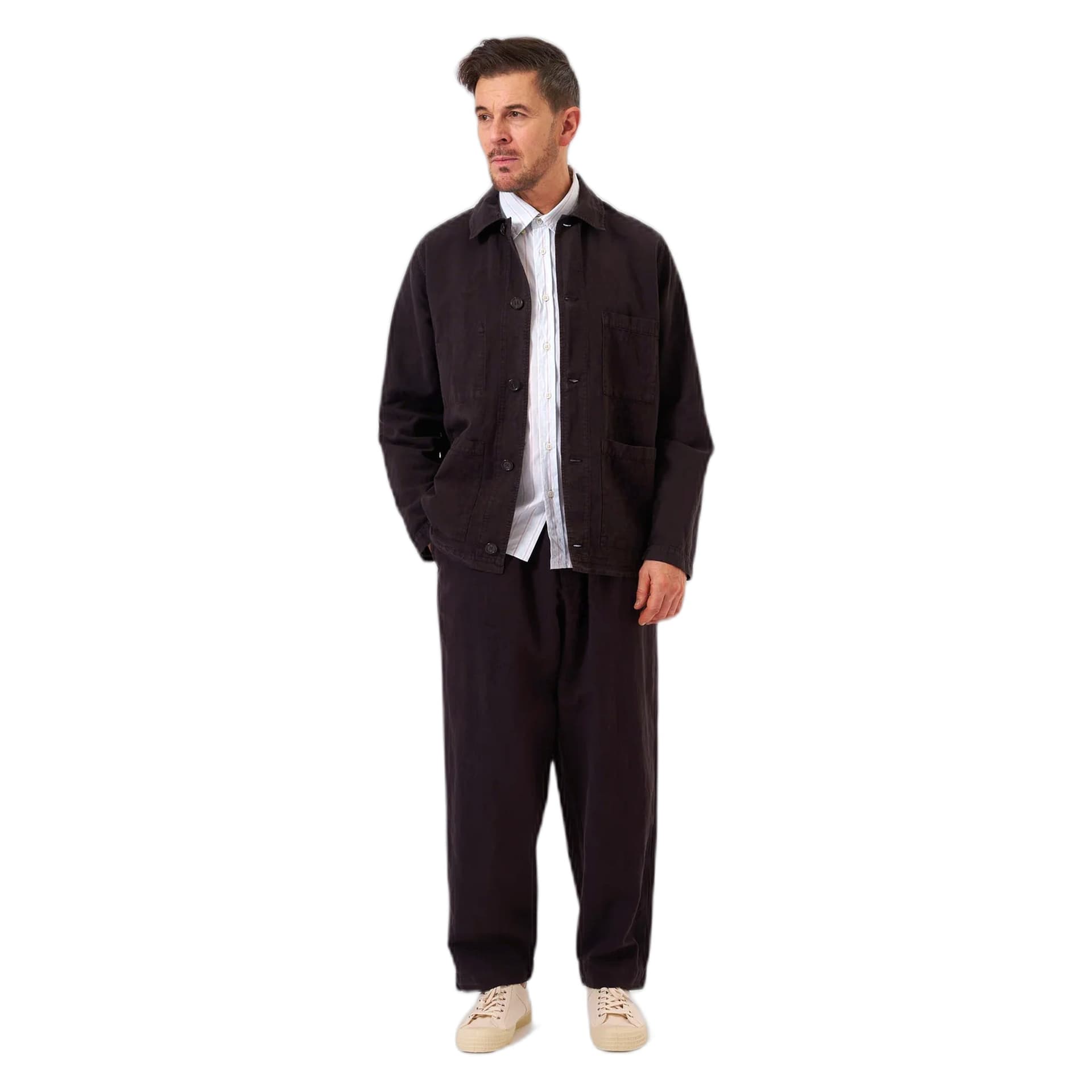 UNIVERSAL WORKS giacca universal works coverall jacket lyo linen mix - licorice - 5