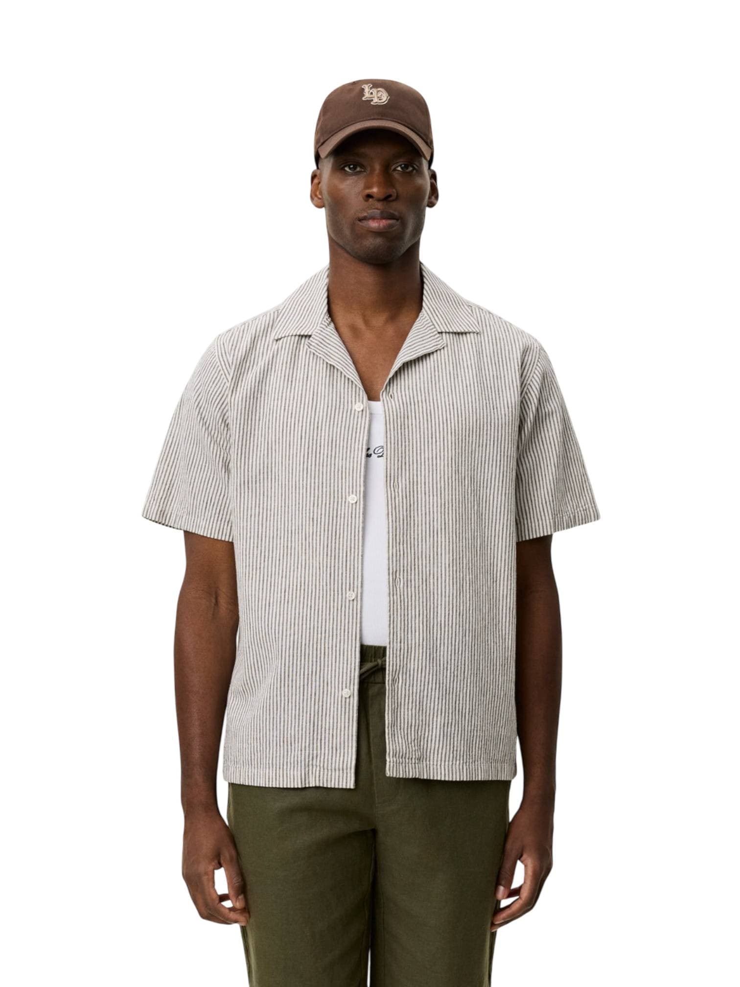 LES DEUX Les Deux Lukas Stripe Cotton Linen SS Shirt camicia a righe in lino maniche corte - teak brown - 3