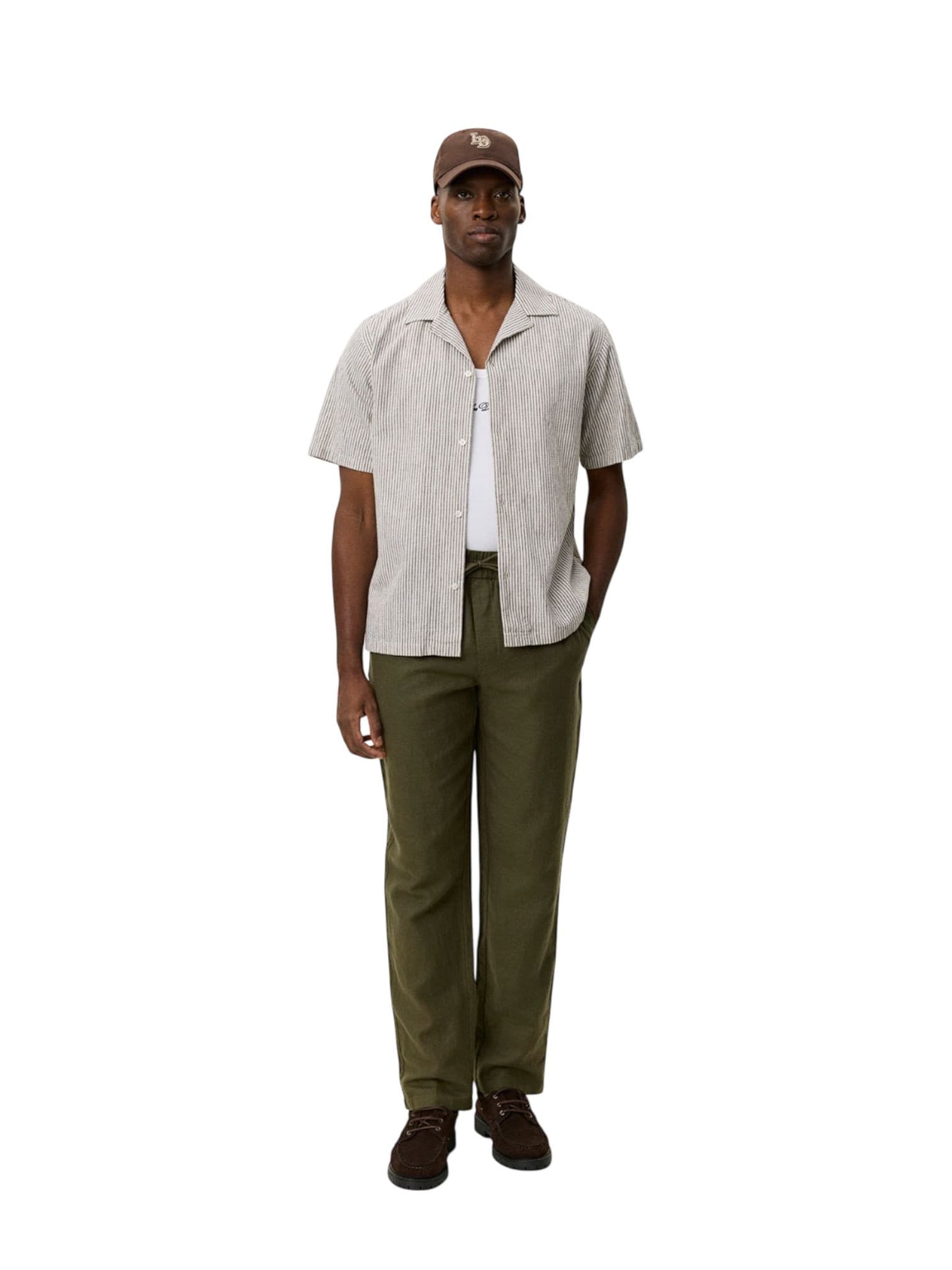 LES DEUX Les Deux Lukas Stripe Cotton Linen SS Shirt camicia a righe in lino maniche corte - teak brown - 5