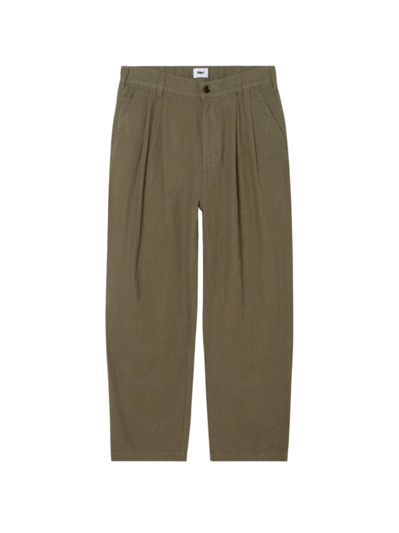 OBEY Obey Foster pleated linen pants pantaloni sartoriali in lino gamba larga - smokey olive - 3