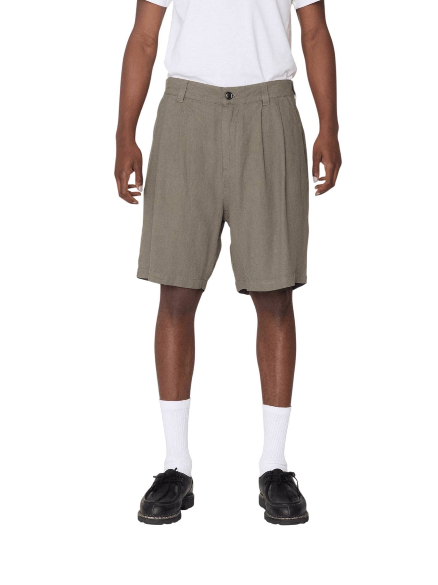 OBEY Obey Foster pleated linen shorts pantaloncini corti sartoriali in lino gamba larga - smokey olive - 3