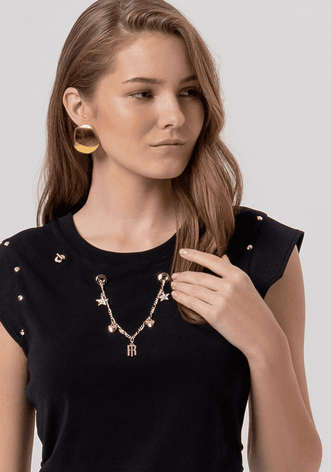 Fracomina t-shirt con occhielli vela e collana donna nero - 2