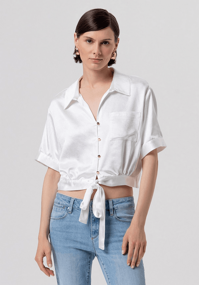 Fracomina camicia cropped in raso donna crema - 5