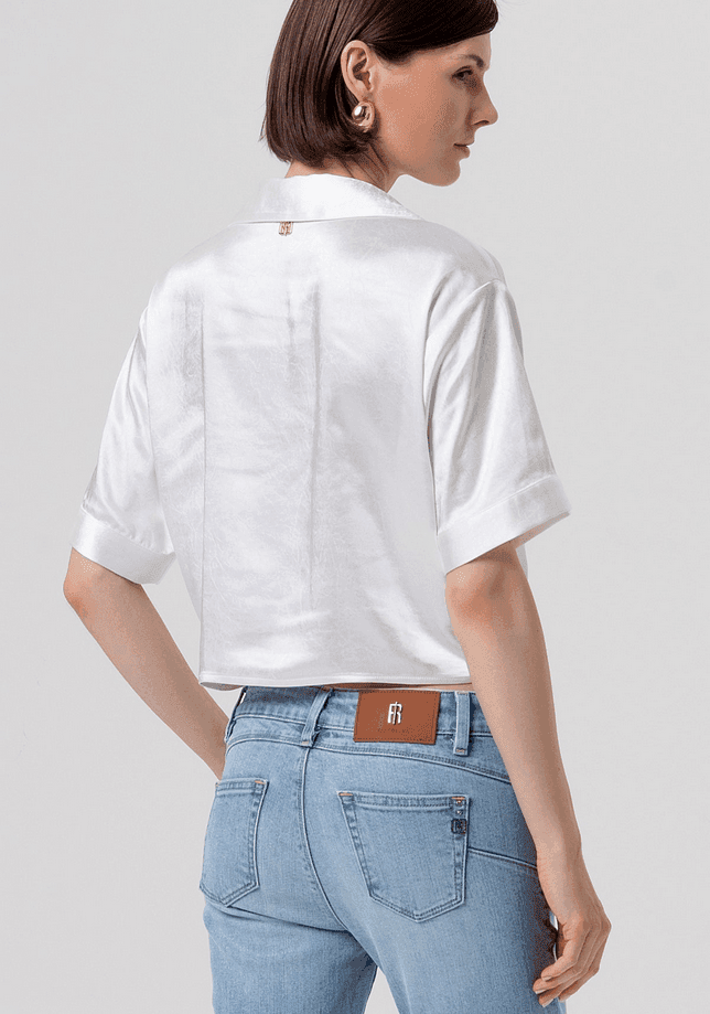 Fracomina camicia cropped in raso donna crema - 3