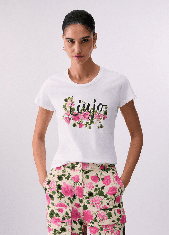 LIU JO t-shirt con stampa e strass donna bianco-rosa - 2