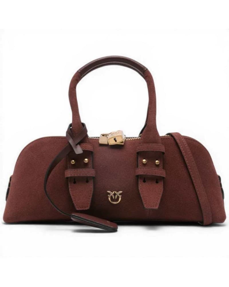 Pinko  Borsa Bowling Horizontal Suede Donna Rosso Rubino in Pelle Scamosciata con Logo Love Birds - 9