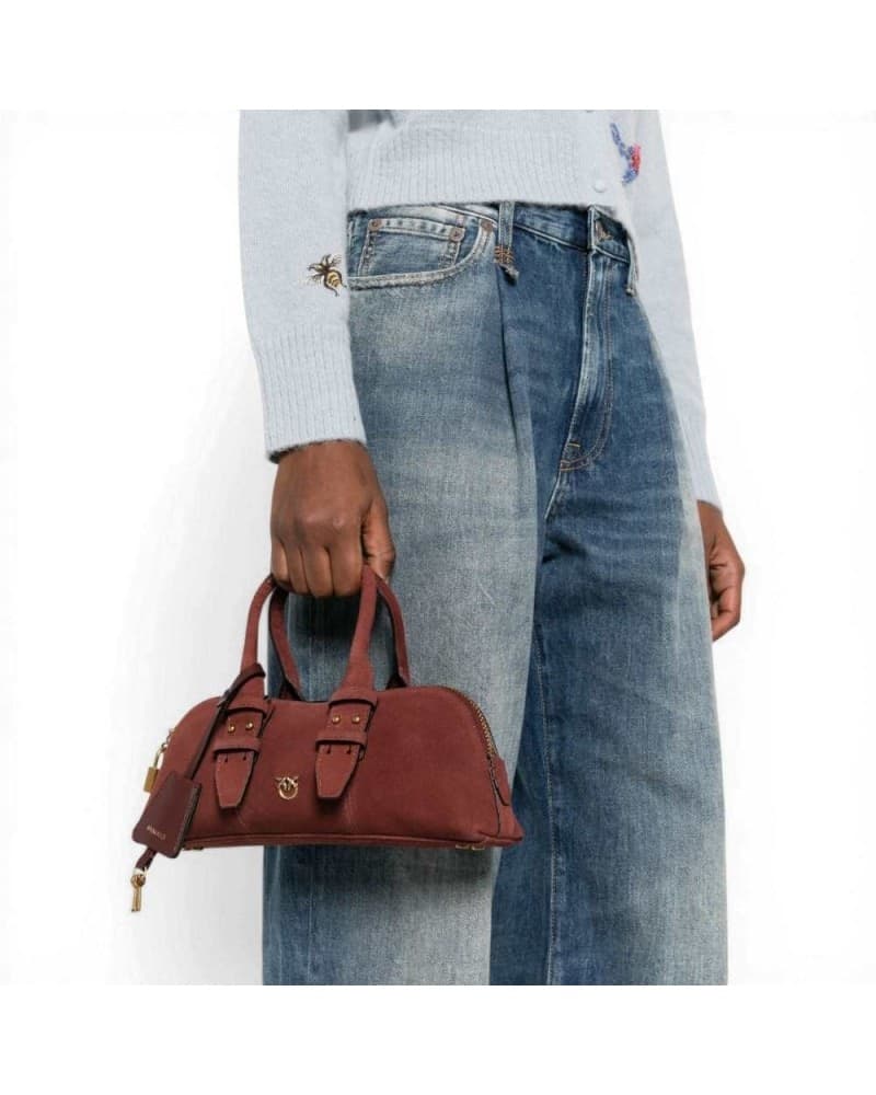 Pinko  Borsa Bowling Horizontal Suede Donna Rosso Rubino in Pelle Scamosciata con Logo Love Birds - 7