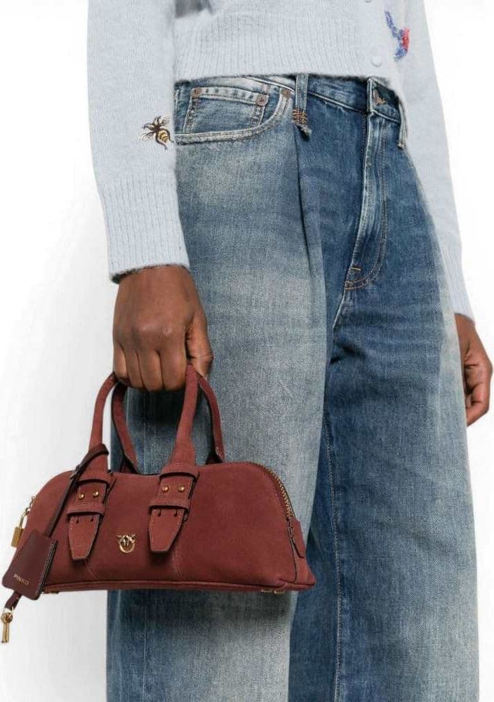 Pinko  Borsa Bowling Horizontal Suede Donna Rosso Rubino in Pelle Scamosciata con Logo Love Birds - 8
