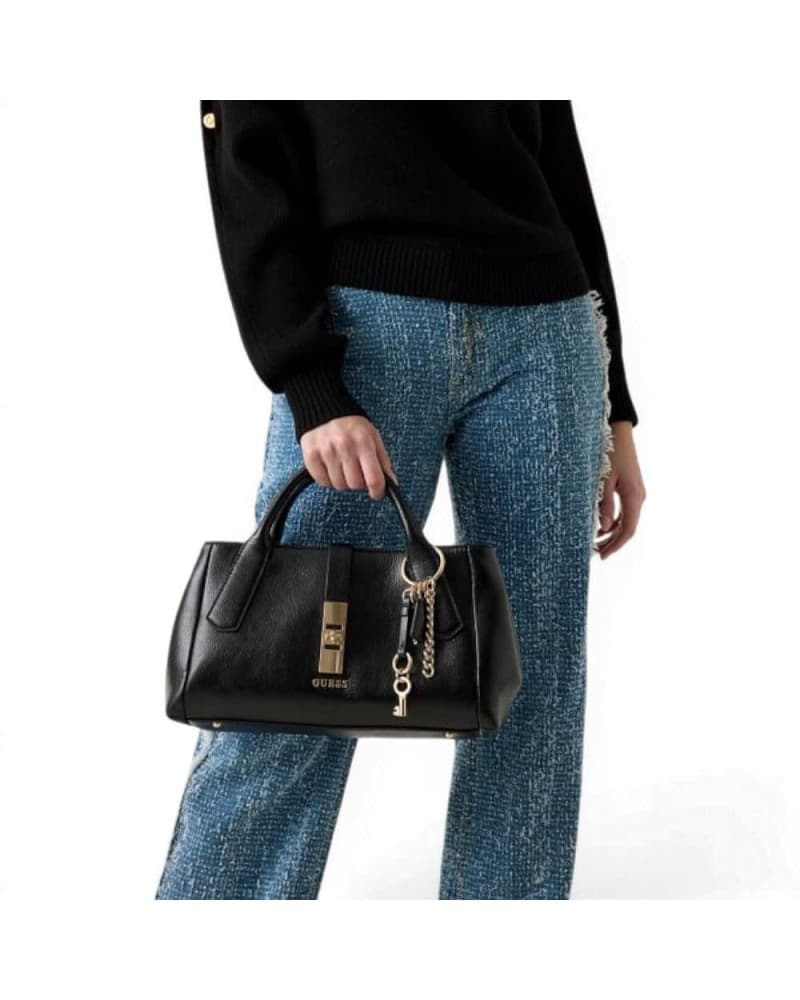 GUESS Guess Borsa Brooke High Society Satchel Donna Nero in Materiale Sintetico con Charm e Logo - 7
