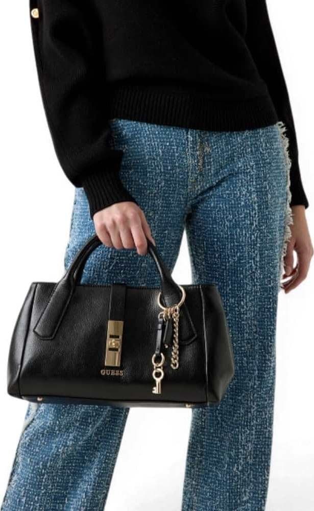 GUESS Guess Borsa Brooke High Society Satchel Donna Nero in Materiale Sintetico con Charm e Logo - 8