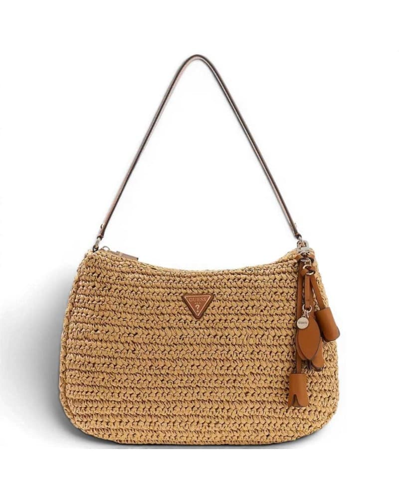 GUESS Guess Borsa Ofelia Hobo Shoulder Bag Donna Naturale e Cognac in Tessuto con Intreccio e Logo - 9