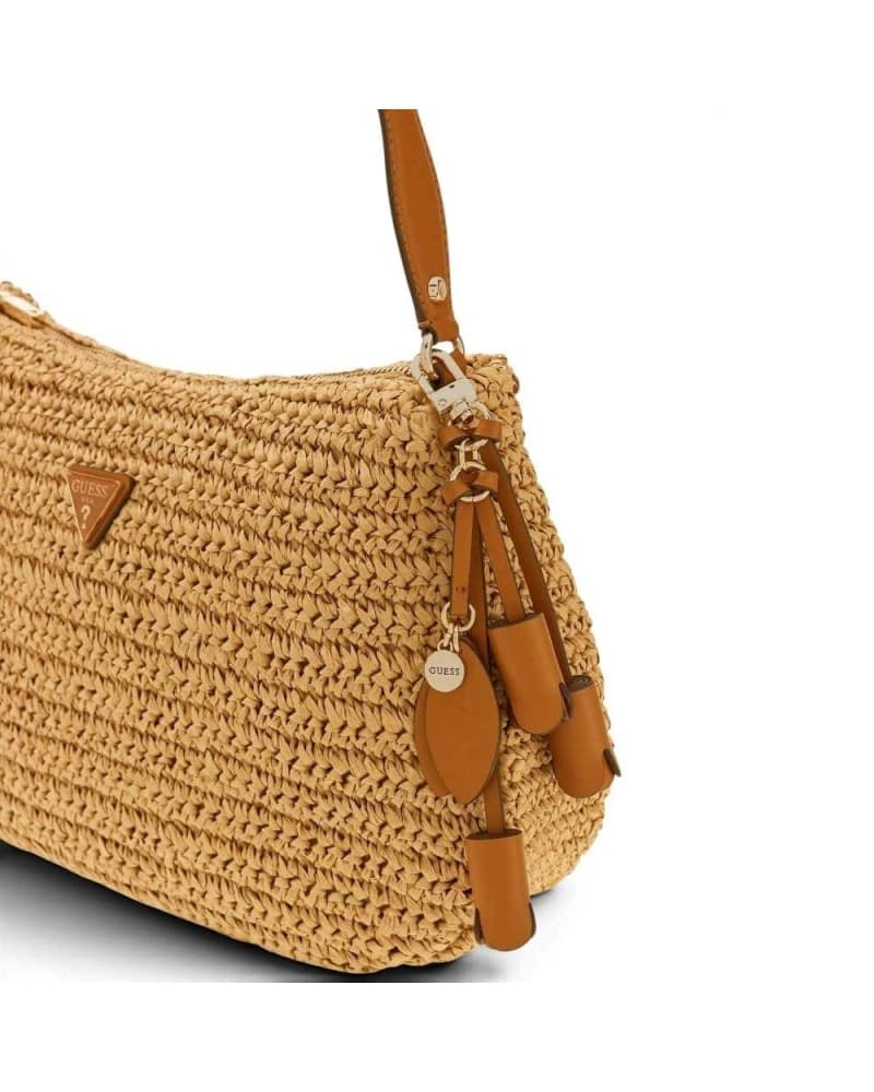 GUESS Guess Borsa Ofelia Hobo Shoulder Bag Donna Naturale e Cognac in Tessuto con Intreccio e Logo - 7