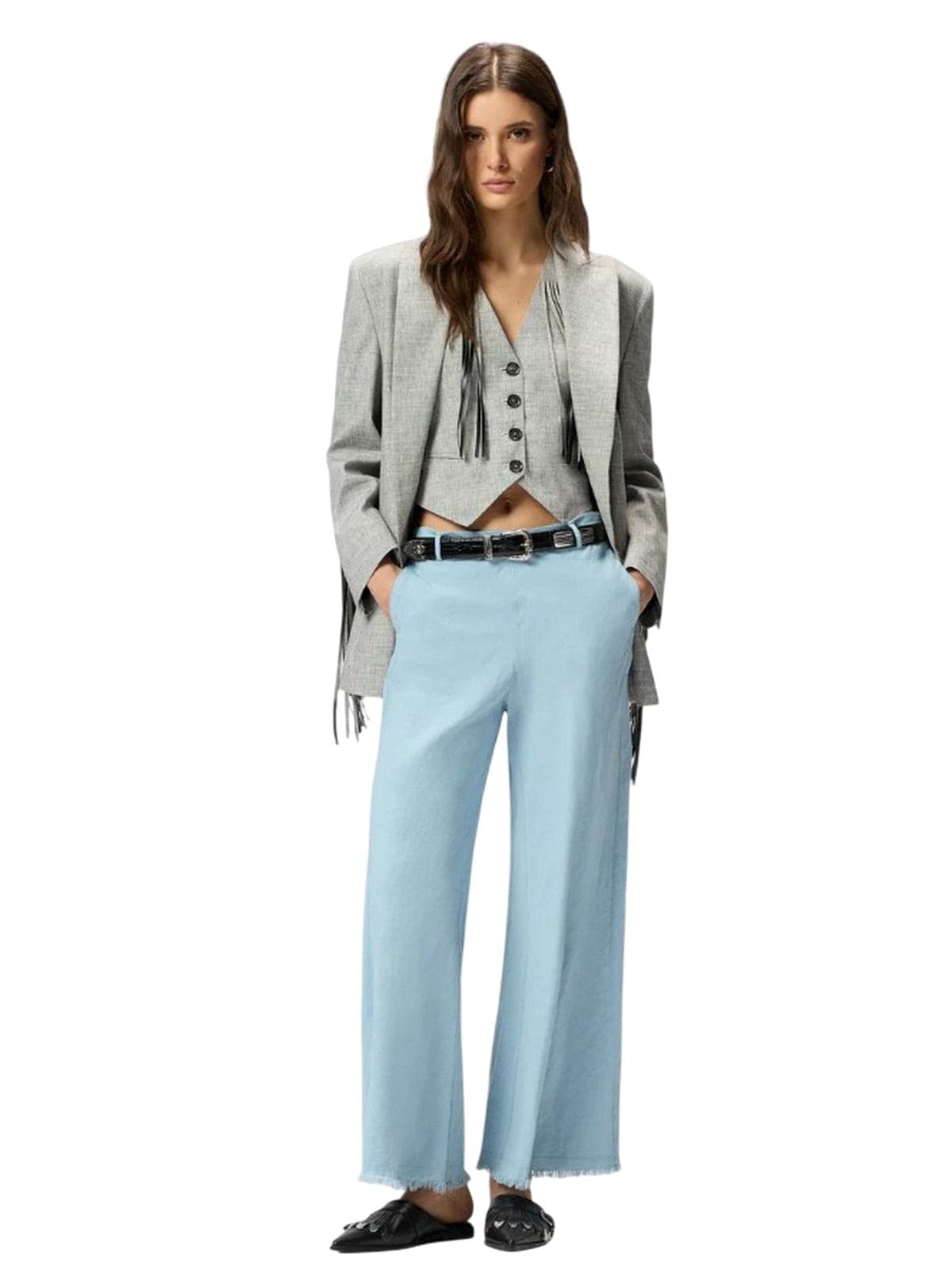 Pinko pantaloni donna pinko - leila pantalone lino stretch - azzurro - 3