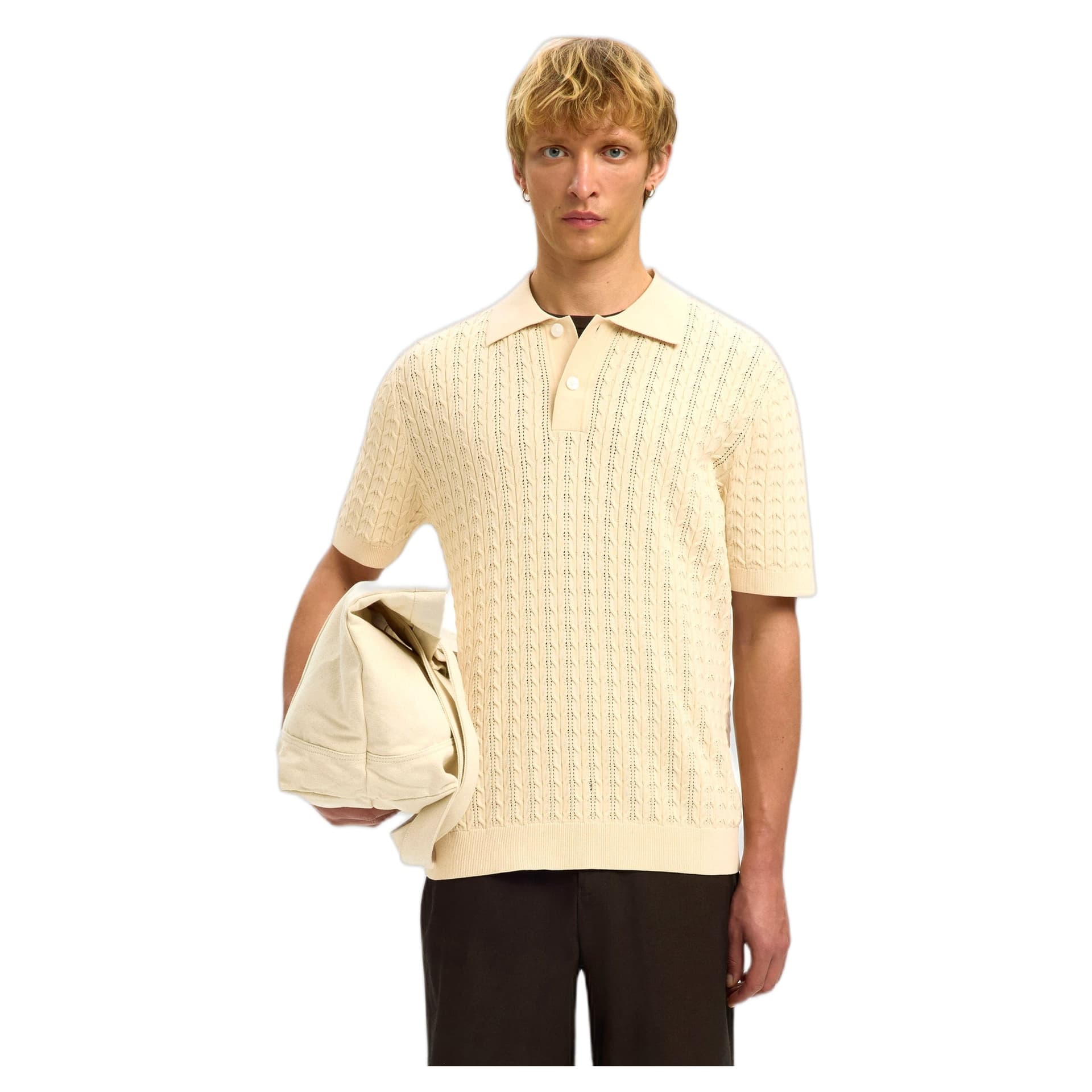 SELECTED HOMME polo selected homme mattis knit new cable polo - beige - 3