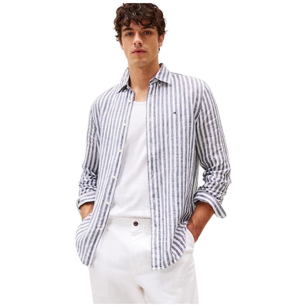 Tommy Hilfiger camicia lino a righe blu e bianco MW0MW385810A5 - 6