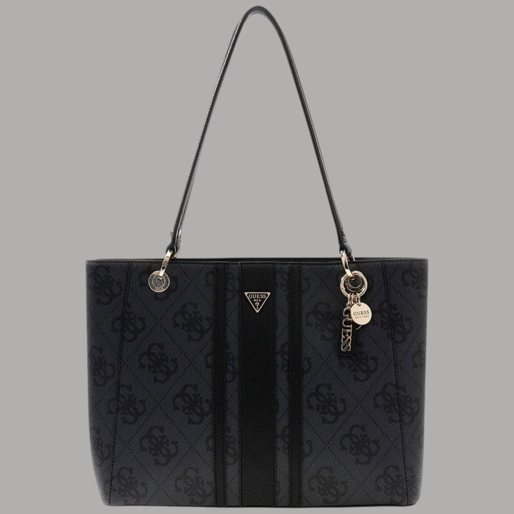 Guess Borsa Shopper Noelle Similpelle Nero con Logo Dorato e Charm Removibile - 6