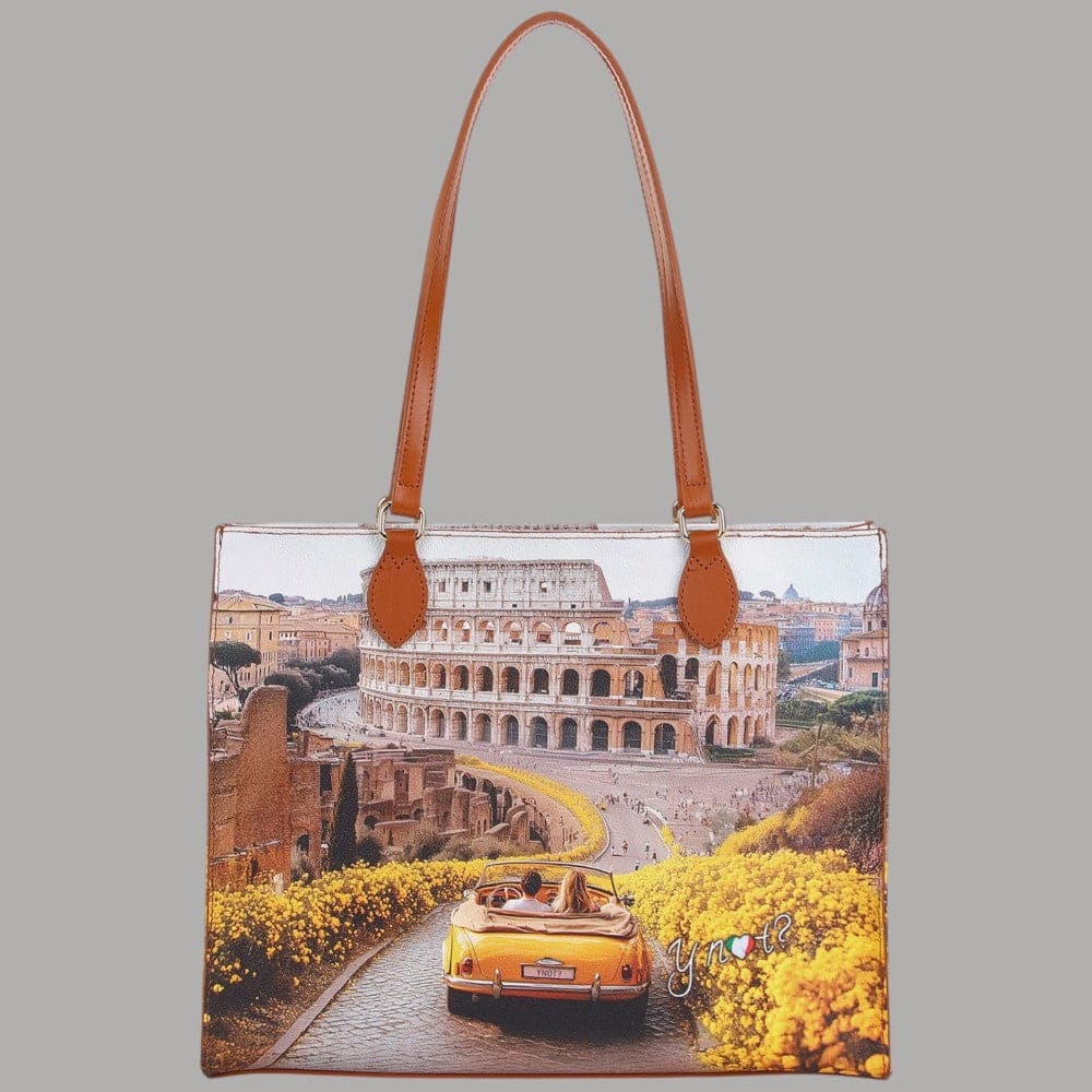 YNot borsa shopping bag in eCOPELLE con stampa città e tasca zip