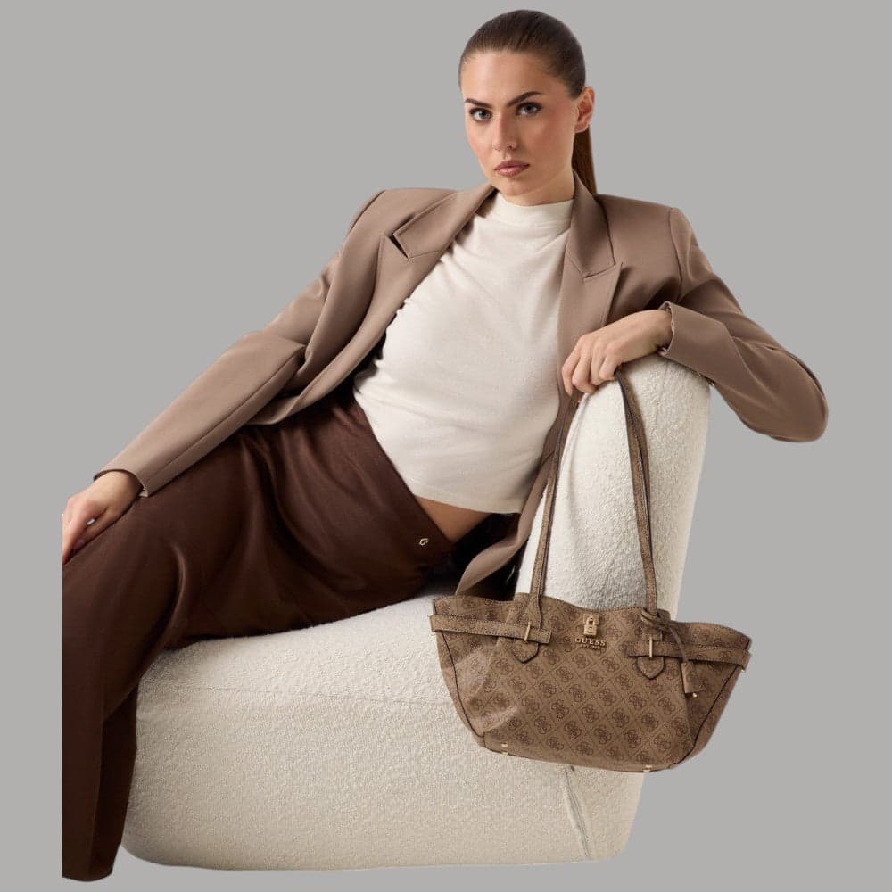 Guess borsa a spalla Yesba similpelle logo 4G zip dorata beige elegante - 2