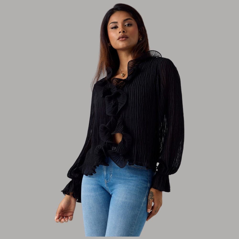 Blusa Guess Nera in Chiffon con Volant e Scollo a V - 6