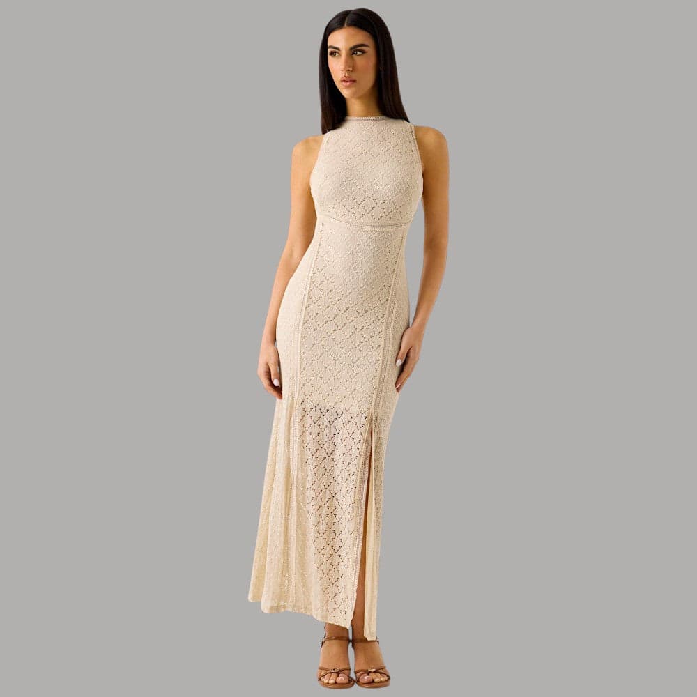 Vestito Guess Lungo Traforato Beige NEW LIZA senza Maniche - 6