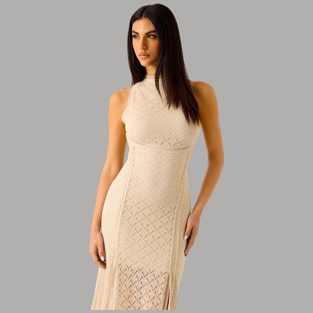 Vestito Guess Lungo Traforato Beige NEW LIZA senza Maniche - 2