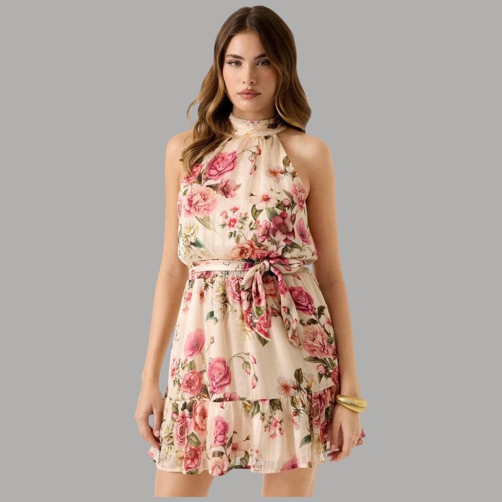 Vestito Guess Mini Floreale Chiffon, Collo Alto, A-Line