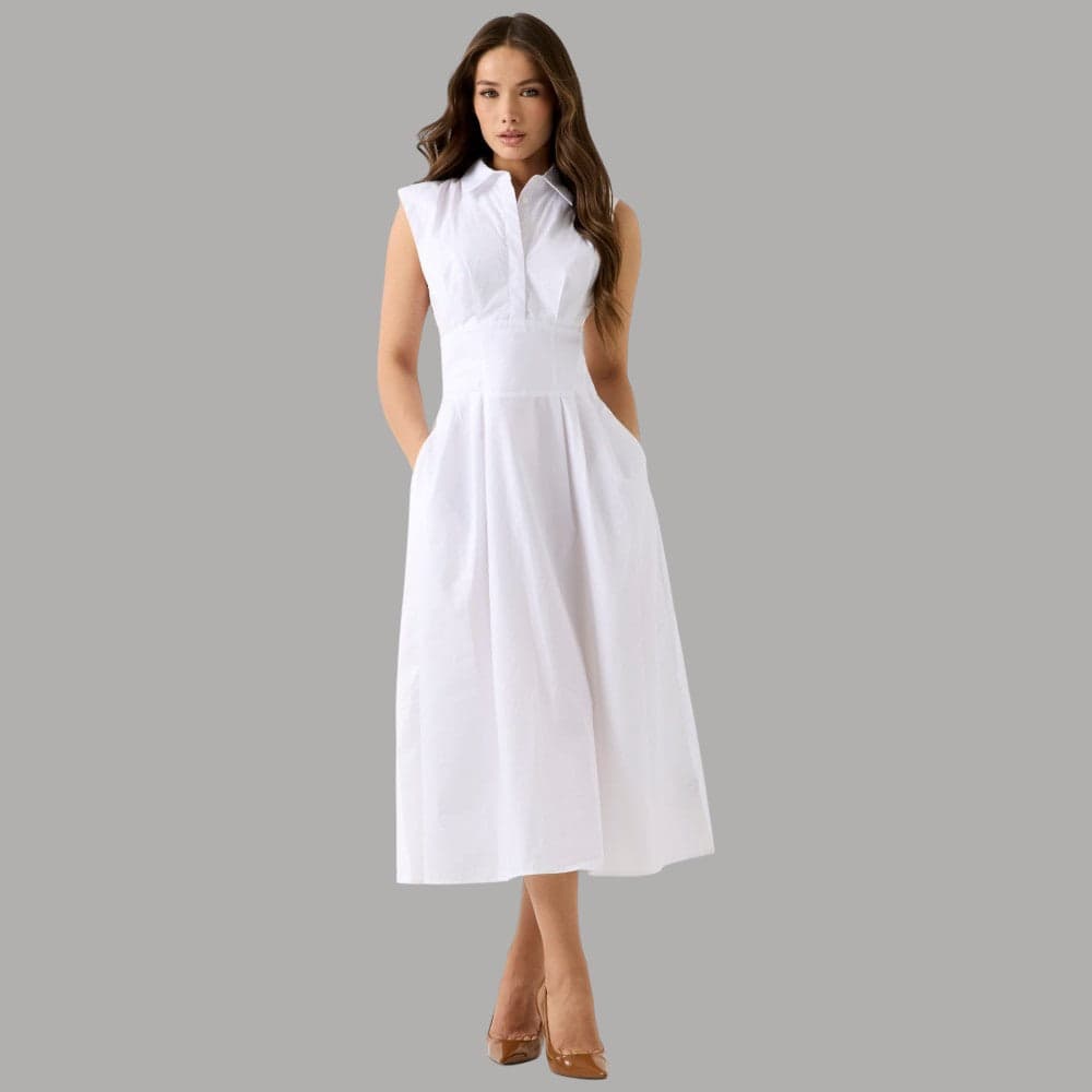 Vestito Guess Chemisier Flare Bianco in Lino e Viscosa - 5