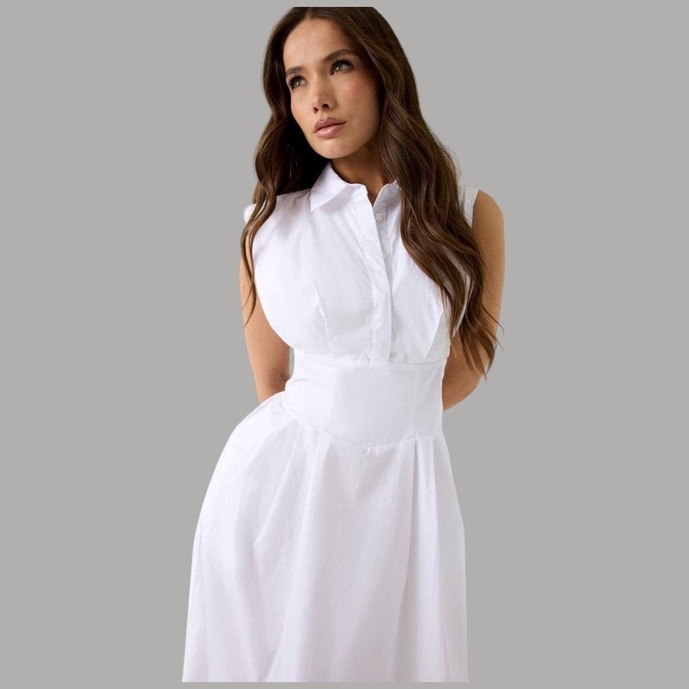 Vestito Guess Chemisier Flare Bianco in Lino e Viscosa - 2