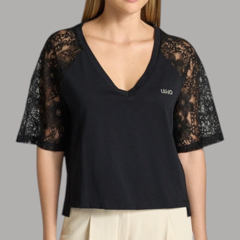 Liu Jo T-shirt Cotone Scollo V & Maniche Pizzo Eleganti - 1