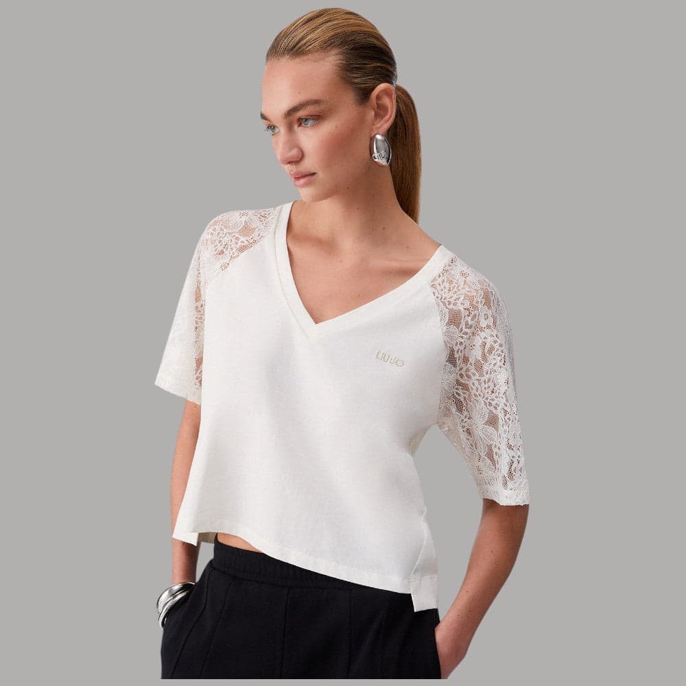 Liu Jo T-shirt Cotone Scollo V & Maniche Pizzo Eleganti - 6
